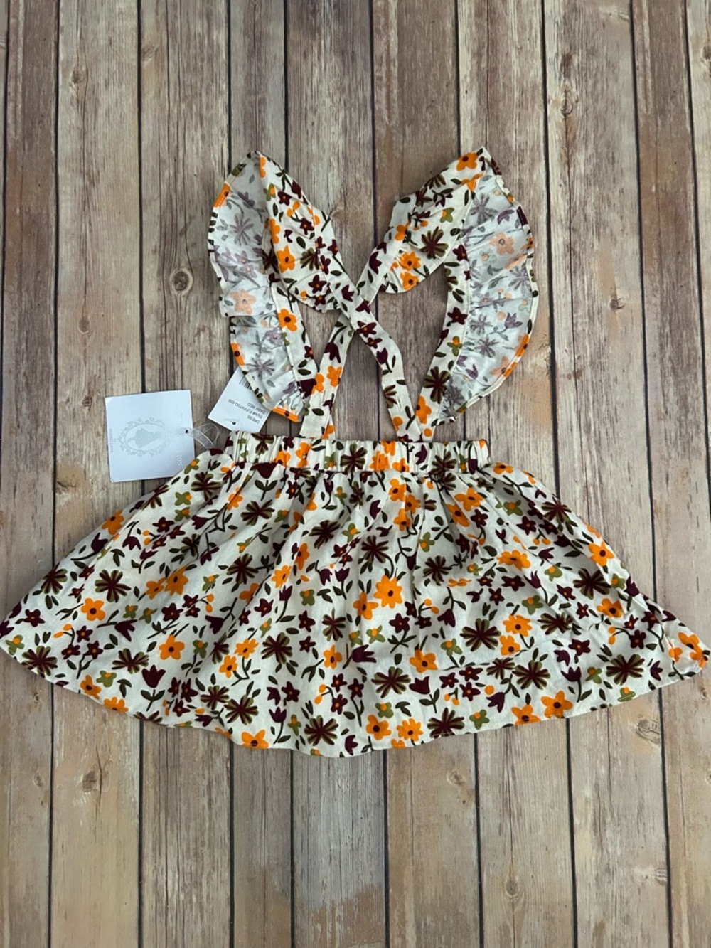 marmellata Cream Floral Ruffle Strap Dress with Orange and Brown Blooms - Picture 3 of 5